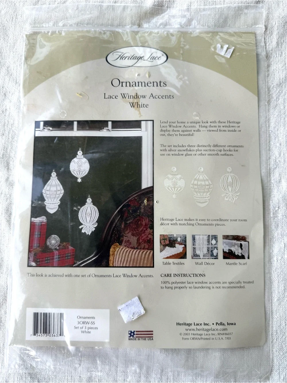 Heritage White Lace Window Ornaments - Lace Holiday Accents - unopened